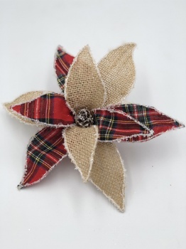 linen flower with clip red plaid (size: 20cm)